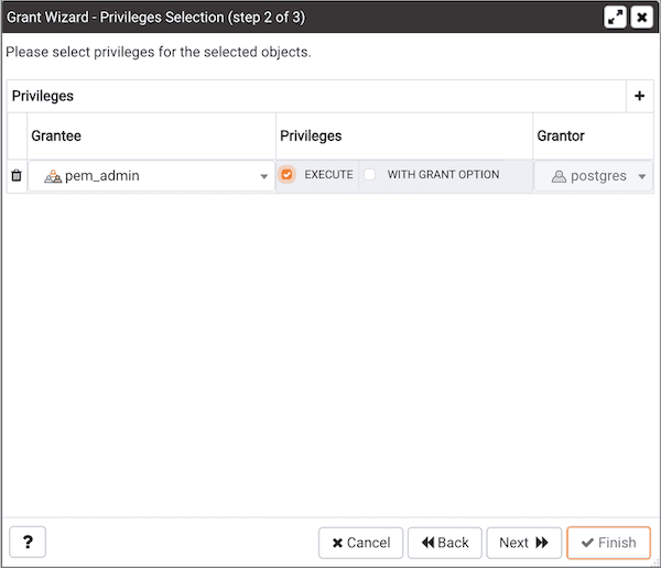 Grant Wizard - Select Privileges page
